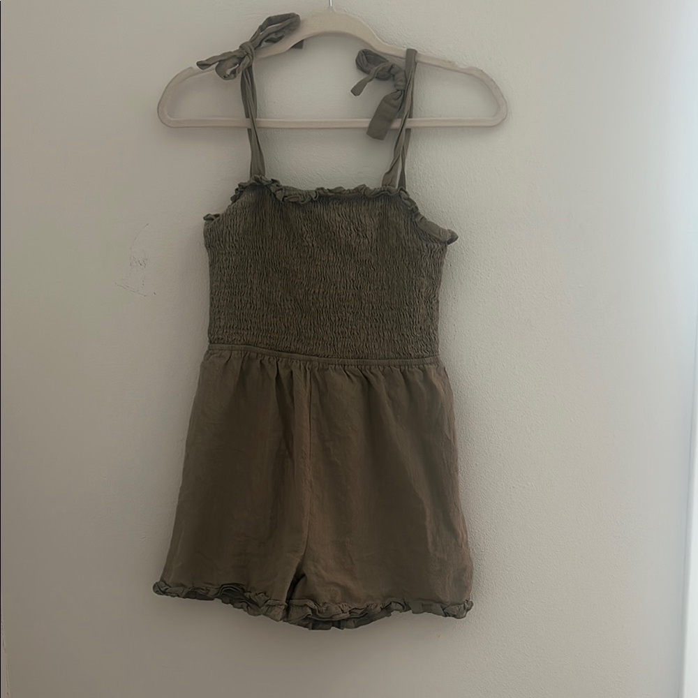 Olive Green Bodysuit with Smocked Bodice and Ruffle Hem